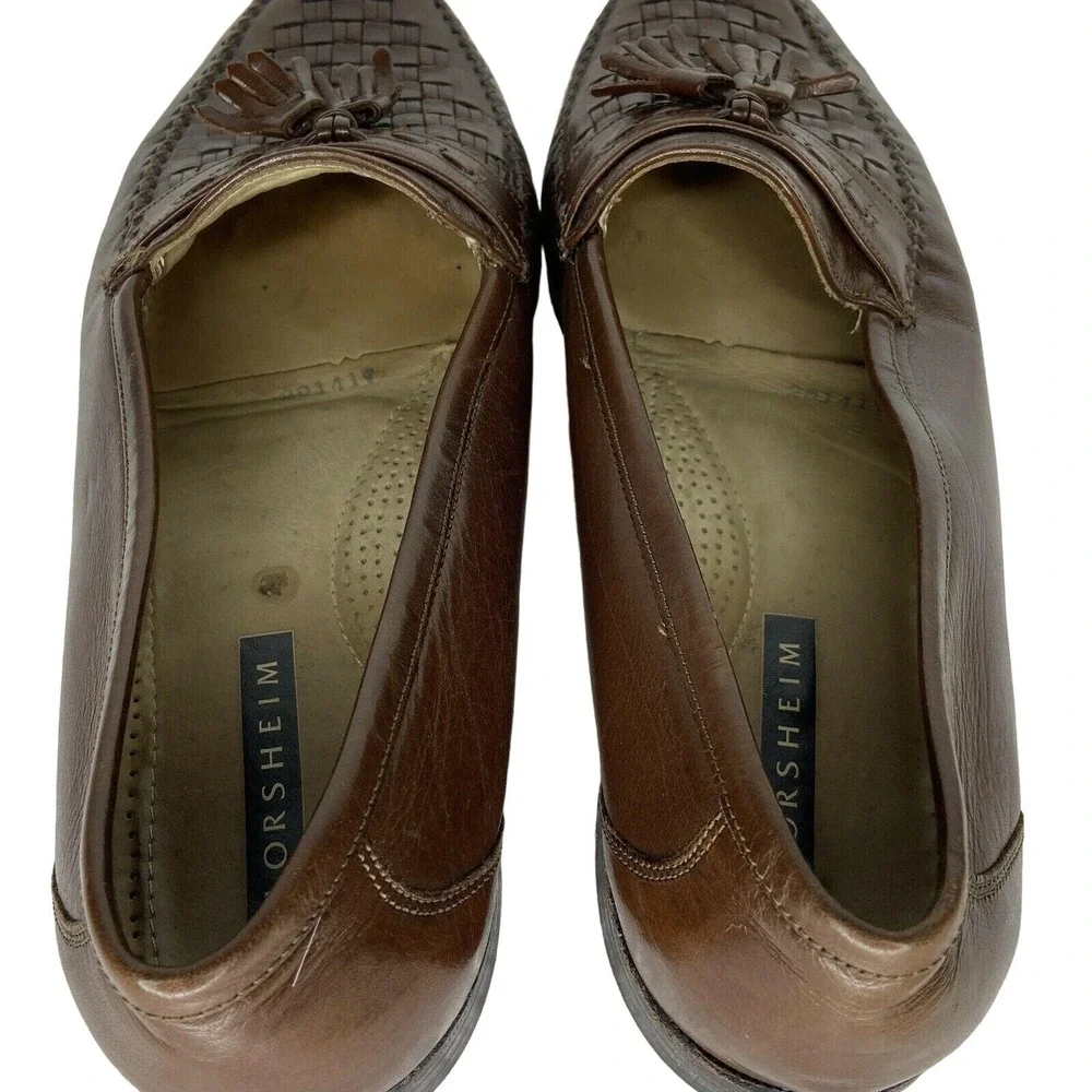 Florsheim Woven Tassel Leather Loafers 10.5 Brown Dress Shoes Career 30153